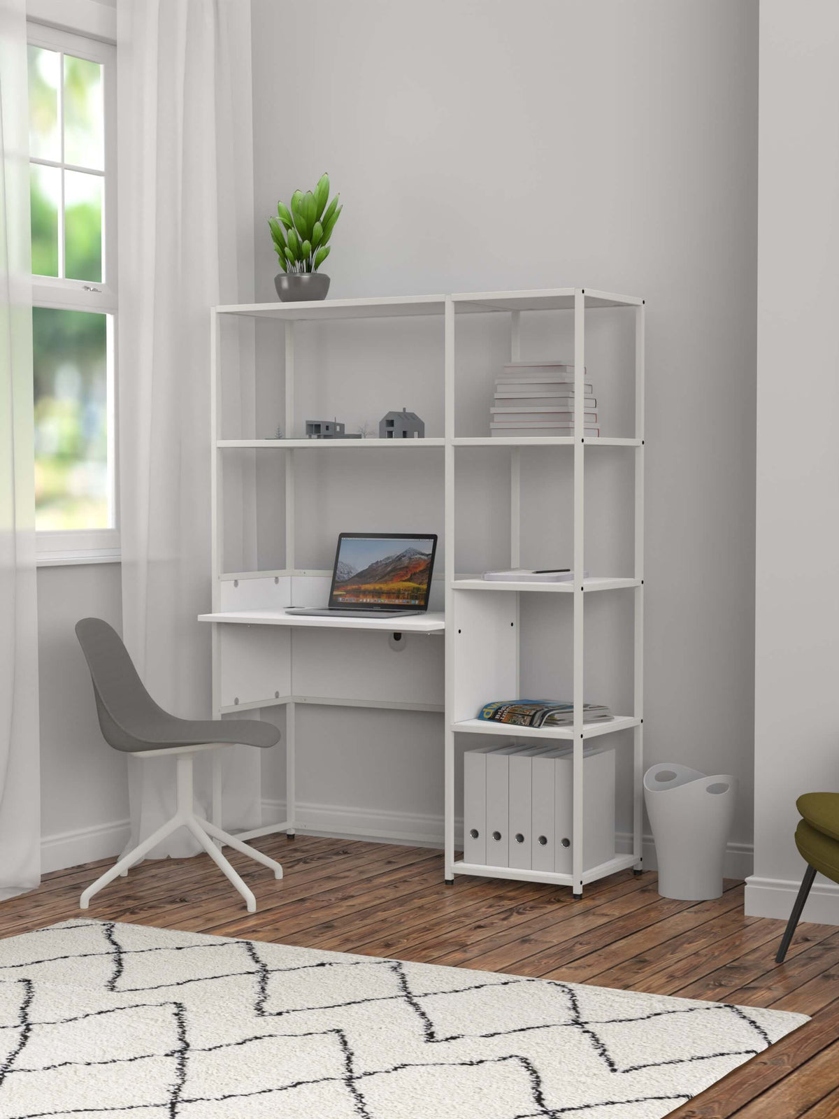 white modular desk with shelves