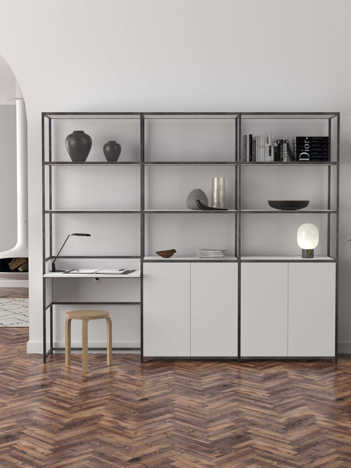 white and grey modular desk with cupboards and shelves