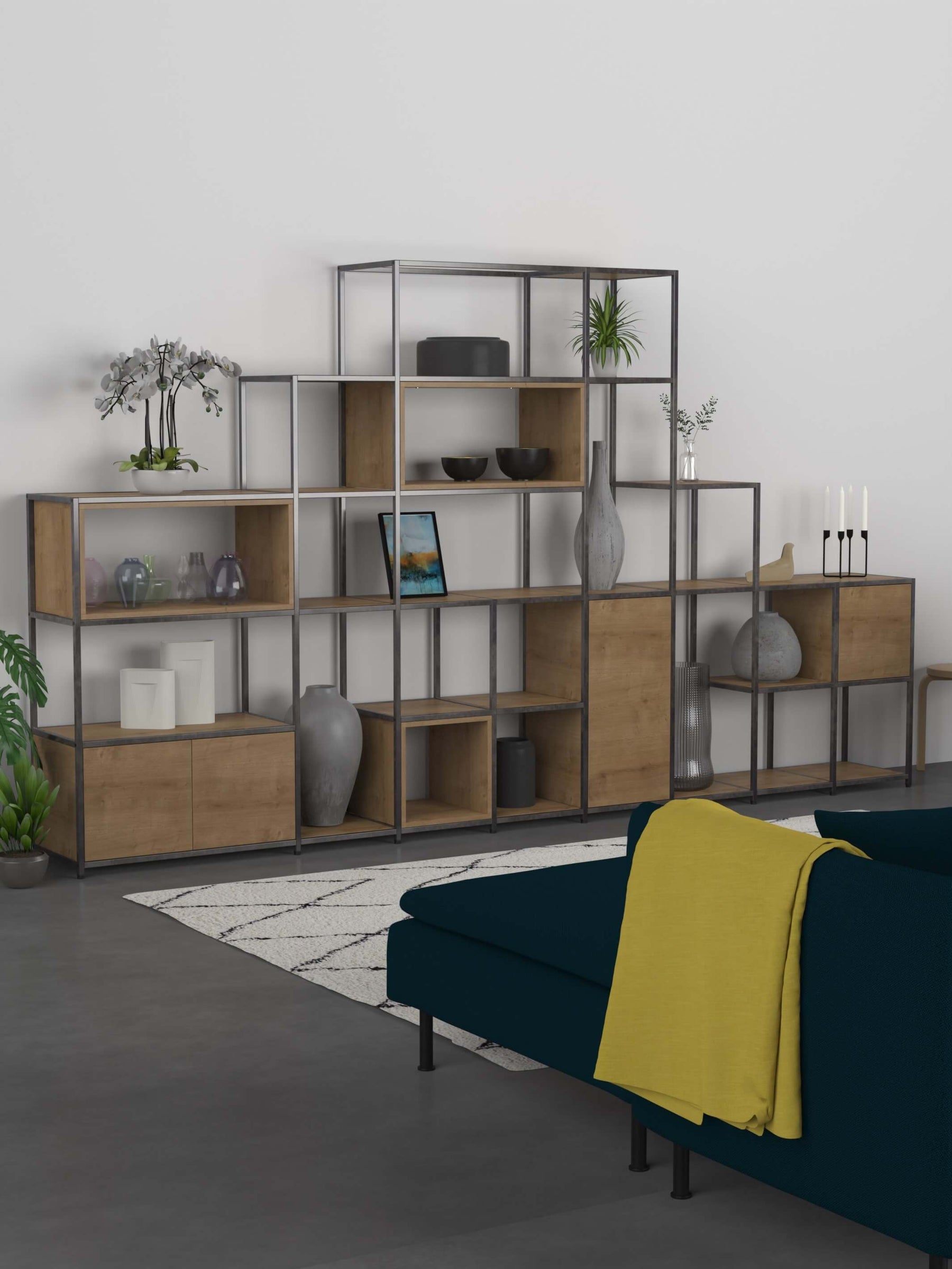 Modular Tiered Shelving With Cubbies And Cupboards