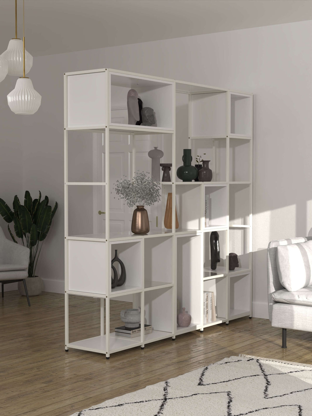 white modular feature shelving unit with glass shelves