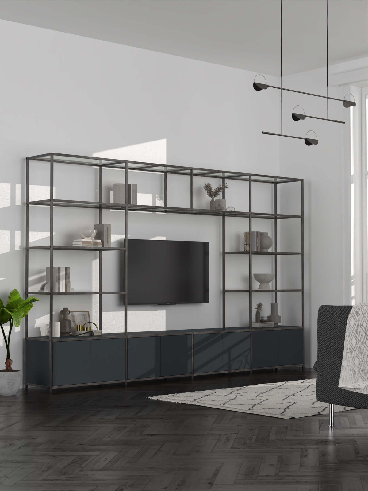 Modular TV Unit With Shelf Bridge, Low Cupboards and Glass Shelves