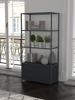 black modular cabinet with glass shelves