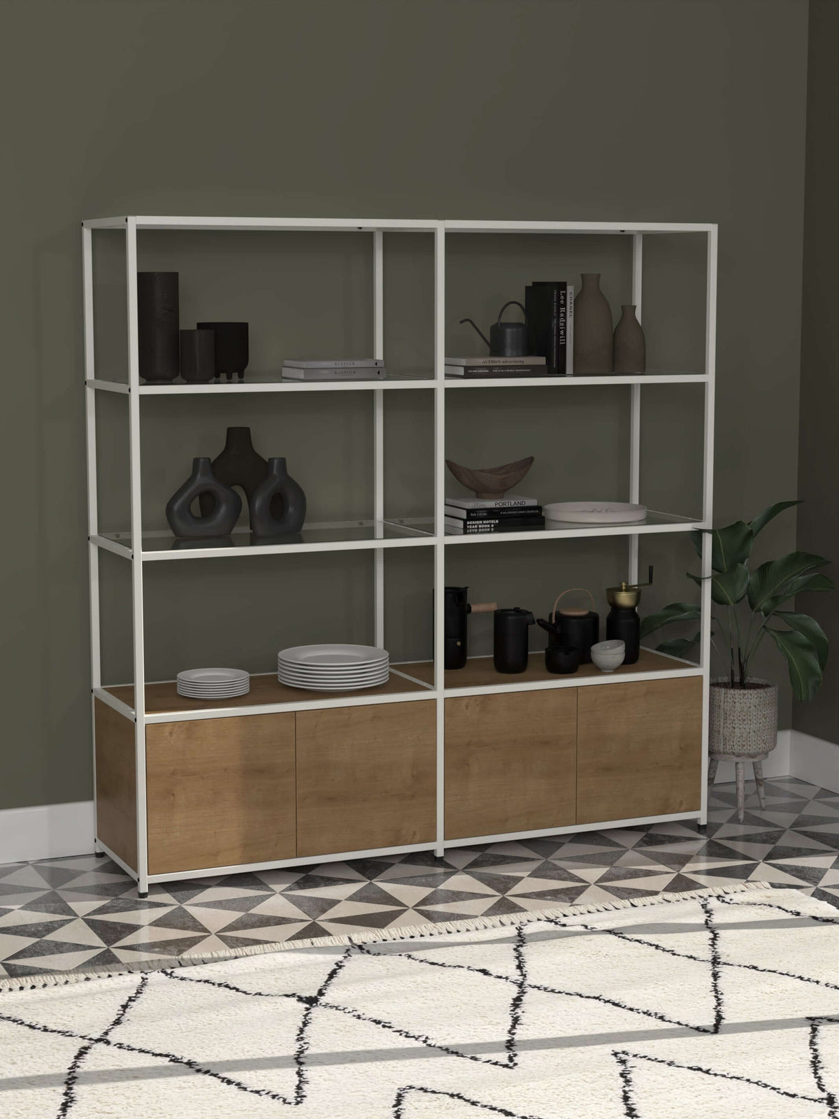 modular cabinet with glass shelves