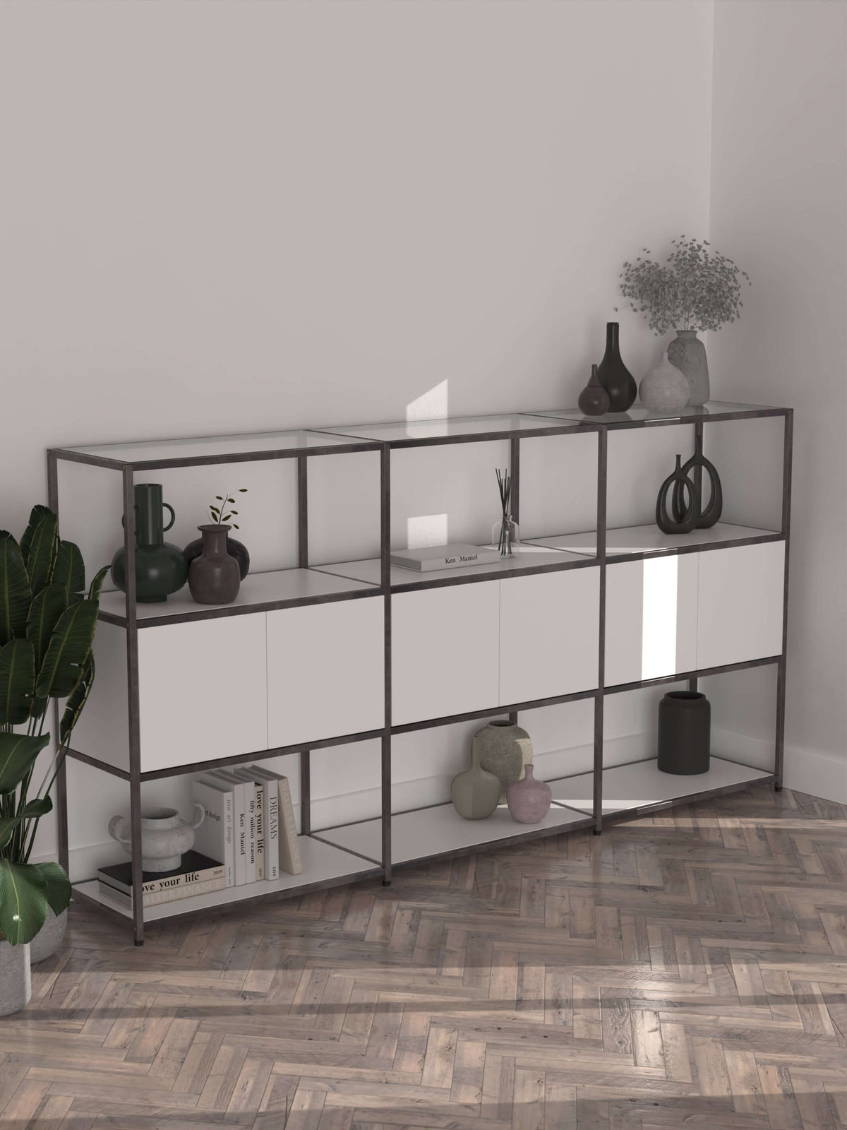 Modular Sideboard With 3 Cupboards And Glass Shelves