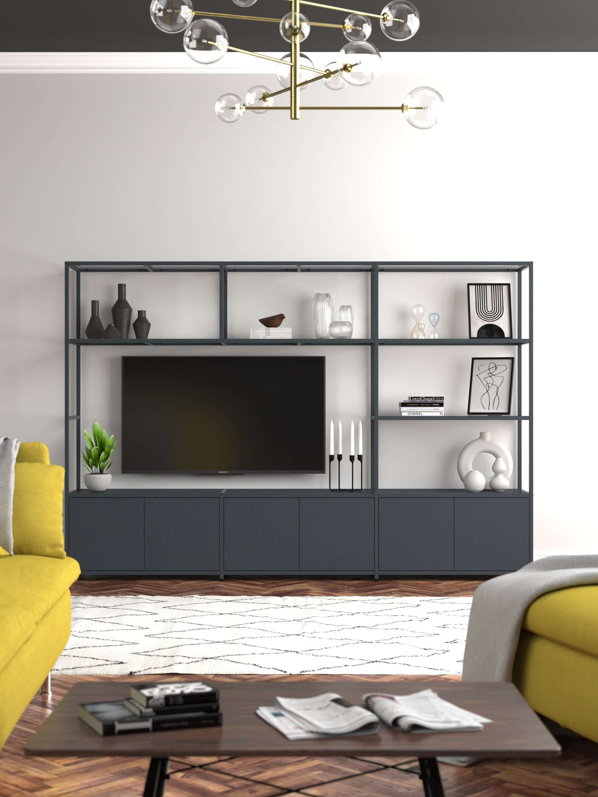 Modular TV Unit With Shelf Bridge, Cupboards and Glass Shelves