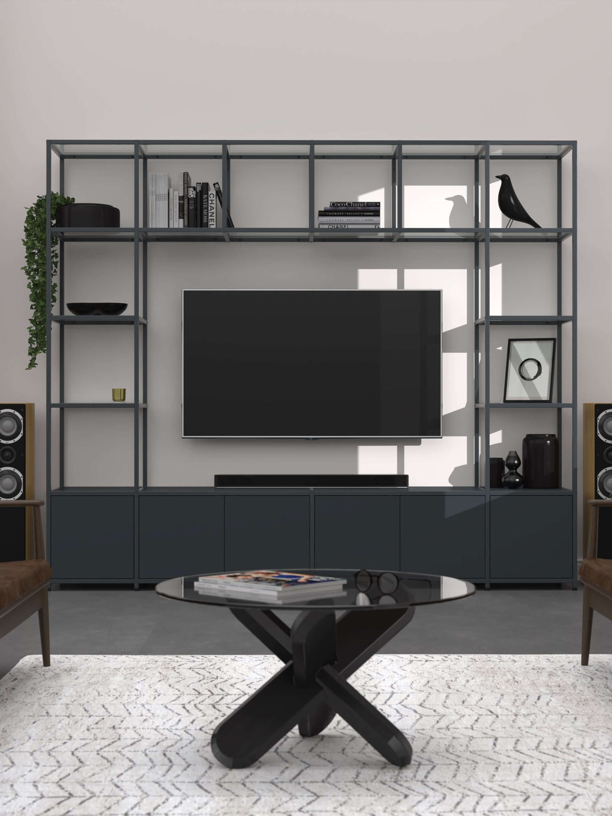 Modular TV Unit With Shelf Bridge, Four Low Cupboards and Glass Shelves