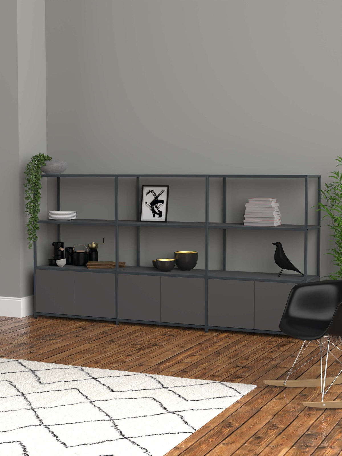 grey modular sideboard with cupboards and shelves